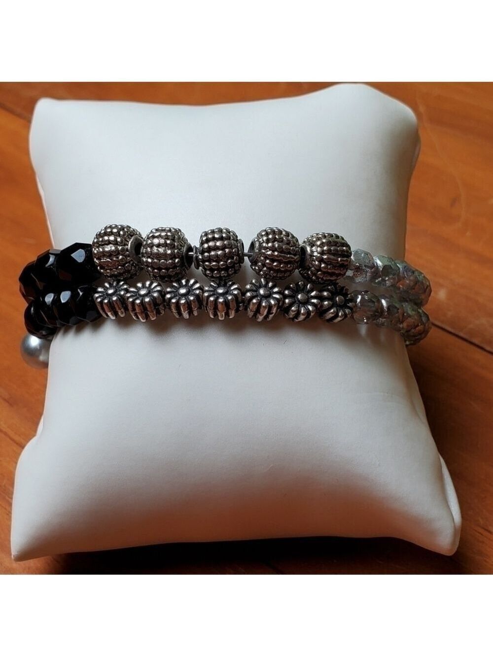 Bracelet, silver, black, and clear beads